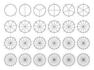 Circles divided into parts from 1 to 24. Outline round chart for infographic, pie portion or pizza slice. Wheel division into fractions, circular shape sectors on white background