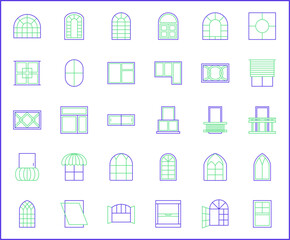 Simple Set of window Related Vector Line Icons. Vector collection of open, close, curtain, French door, glass and design elements symbols or logo element.