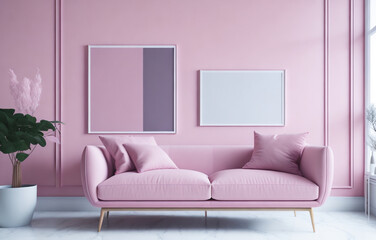 Photo sofa in a living room interior in modern style with pink painted walls, 3d render