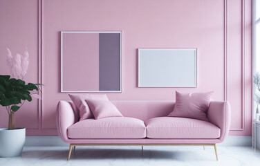 Fototapeta premium Photo sofa in a living room interior in modern style with pink painted walls, 3d render