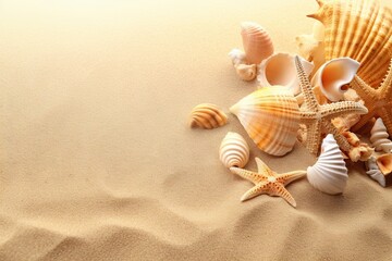 Beachside Wonder. Top view Starfish and Seashells on Beach Background