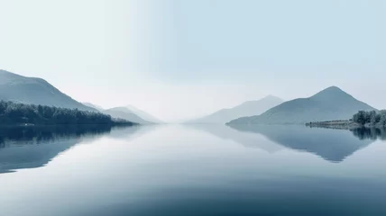 Schilderijen op glas Beautiful mountain lake and natural environment in the morning background. Tranquil panoramic mountainous and nature lake shore scenery. Picturesque generative AI © Summit Art Creations