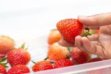 A strawberry in hand. Strawberries in plastic box