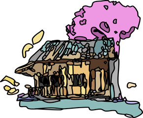 Line art freehand vector file on a transparent background representing rustic architecture.