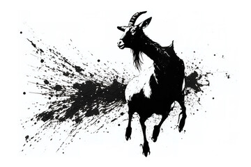 Image of a goat drawing using a brush and black ink on white background. Wildlife Animals. Illustration, generative AI.