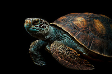 Fototapeta premium Image of a turtle on a black background. Underwater animals. Illustration. Generative AI.