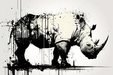 Image painting of a rhino drawing using a brush and black ink on white background. Wildlife animals. Illustration, Generative AI.