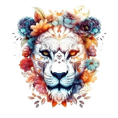Image of a lion female head with colorful tropical flowers. wildlife. Animal. illustration, Generative AI.