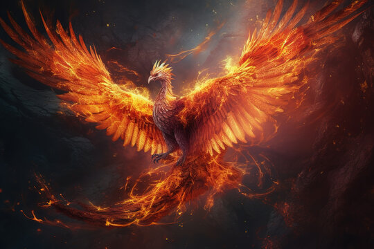 Image of the phoenix is flying burning with fire. Birds. Mythical creatures. Illustration. Generative AI.