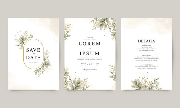 Wedding invitation template set with elegant watercolor floral decoration