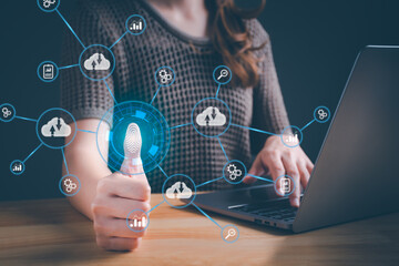 Concept of Technology fingerprint scan provides security. new technology big data, business process strategy, digital transformation change management, cloud computing network, sharing download upload