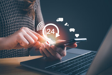 Woman's hand touch button Emergency app in home, call phone, Emergency application from smartphone for elderly, technology. Old hand touch mobile phone and call for help concept.