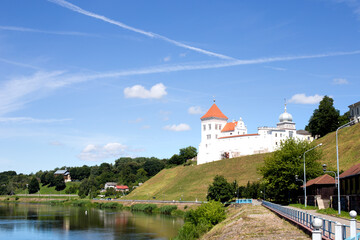 Fototapeta na wymiar European castle on the Neman river, old building