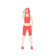 Standing woman. Sport girl illustration. Casual sportwear - t-shirt, breeches and sneakers. Young woman wearing workout clothes. Sport fashion girl outline in urban casual style. Gesture of winner