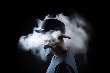 Smoke enveloped a man wearing a hat. Portrait of stylish man with smoke on dark background