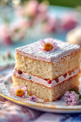 Beautiful close-up of delicious and creamy pink cake in a garden, made with generative AI