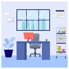 office cabin view in office for office employee with outside building view vector illustration art