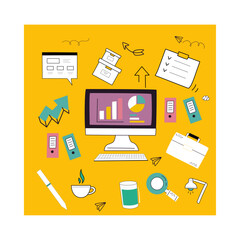 illustration of objects and icons used for office work vector illustration art