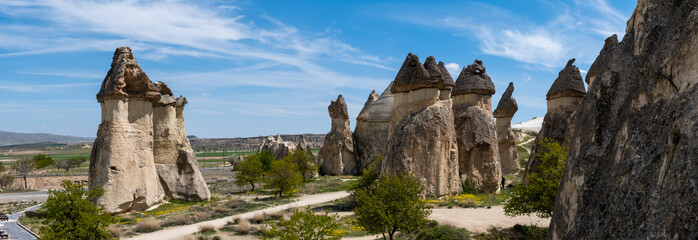 Large panoramic view of Love Valley - a valley in Goreme Historical National Park, Cappadocia, Turkey