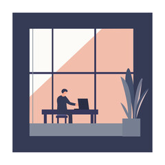 animated man is doing his work on his laptop near the window vector illustration art 
