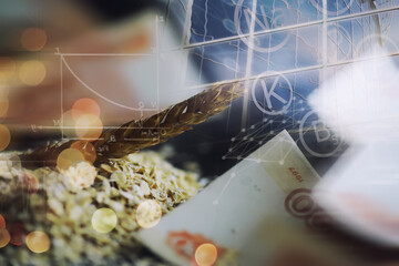 The concept of the cost of grain. 5000 ruble banknotes around a handful of ground grain. World hunger.