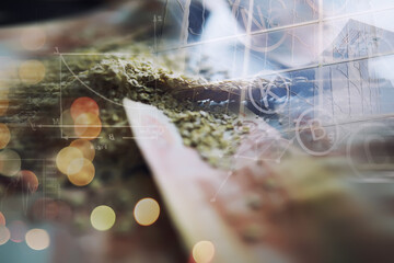 The concept of the cost of grain. 5000 ruble banknotes around a handful of ground grain. World...