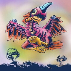 Cute bird/ rooster hand draw iliustration over mushroom land