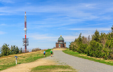 Obraz premium A chapel of Saints Cyril and Methodius and a TV mast on the summit of Radhošť mountain in the Moravian-Silesian Beskids mountain range (Czech Republic)