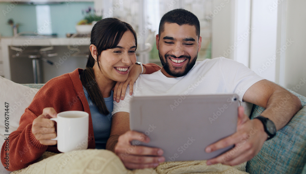 Sticker Tablet, couple and smile on couch in home for social media, funny news and online meme. Happy man, woman and relax with digital technology, web subscription and streaming movie on network connection