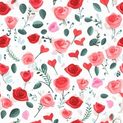 Seamless pattern of red heart roses on a white background created with Generative AI technology