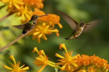 Fototapeta na wymiar Hummingbird in flight near the yellow tropical flowers created with Generative AI technology