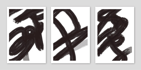 Set of Brush Stroke Black and White Line Art Watercolor Modern Abstract Wall Decor	