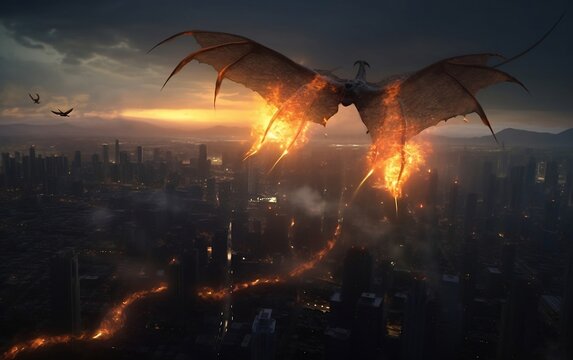 Scary dragon with fire is flying over a sunset city in the background created with Generative AI technology