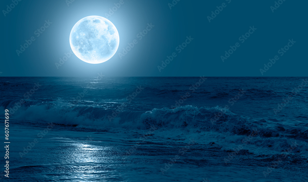 Aufkleber night sky with moon in the sky dark strong sea wave in the background 