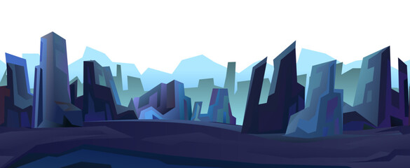 Rocks cliffs landscape. Night scenery in mountains. Seamless illustration. Dark twilight and dusk. Cartoon flat style. Vector