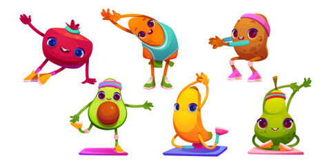 Fruit and vegetable funny character yoga exercise vector cartoon illustration set. Food fitness workout for gym with happy avocado, banana, pear and carrot, potato drawing icon collection design.