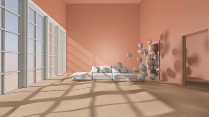 Colorful balloons flying in door open in the room. 3D illustration, 3D rendering