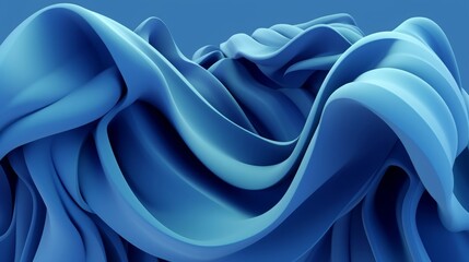 Plakat 3d render, abstract fashion background with blue wavy ribbons, folded cloth macro, Generative AI