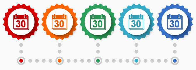 Calendar vector icon set, colorful infographic template, set of flat design badge icons in 5 color options