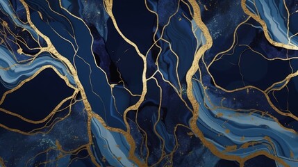 Obraz na płótnie Canvas abstract background blue marble agate granite mosaic with golden veins, japanese kintsugi technique, fake painted artificial stone texture, marbled surface, digital marbling, Generative AI