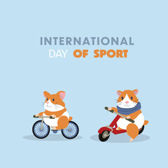 International Day of Sport. Cute hamsters ride a bicycle and scooters—flat style on a white background. World health day
