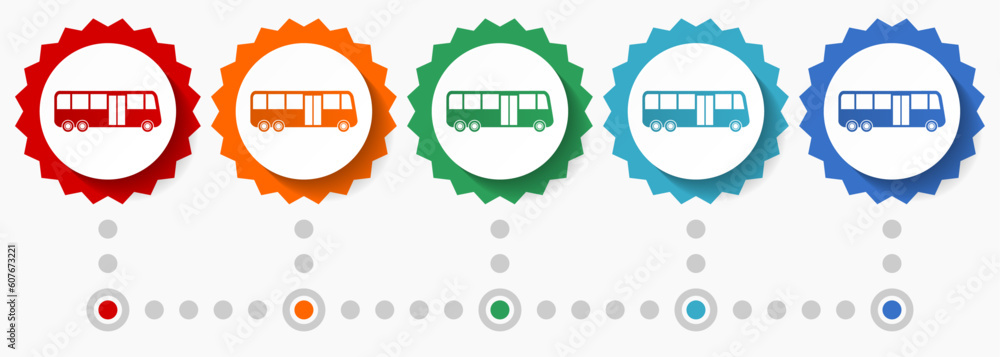 Poster bus vector icon set, colorful infographic template, set of flat design badge icons in 5 color option