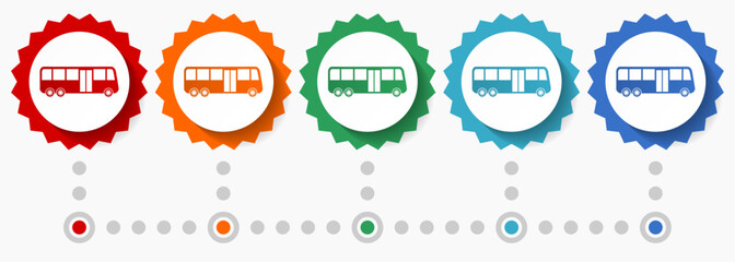 Bus vector icon set, colorful infographic template, set of flat design badge icons in 5 color options