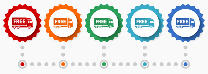 Free delivery vector icon set, colorful infographic template, set of flat design badge icons in 5 color options