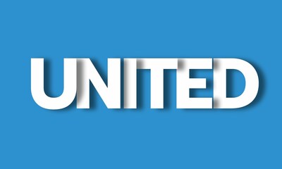 United- Big Lettering with 3d Shadow Effect, Motivational Word United over blue background