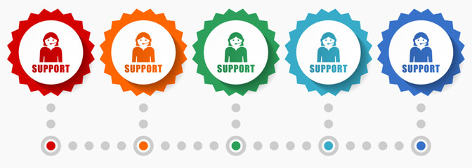 Support vector icon set, colorful infographic template, set of flat design badge icons in 5 color options