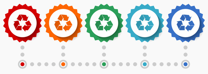 Recycle vector icon set, colorful infographic template, set of flat design badge icons in 5 color options