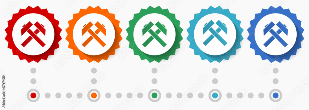 Poster mining vector icon set, colorful infographic template, set of flat design badge icons in 5 color opt