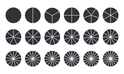 Circles divided into parts from 1 to 18. Black round chart for infographic, pie portion or pizza slice. Wheel division into fractions, circular shape sectors on white background - obrazy, fototapety, plakaty