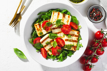 Grilled Halloumi Cheese with Cheery Tomatoes and Pesto with Arugula, Spinach, and Basil, Ketogenic Paleo Diet Lunch